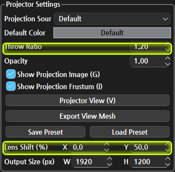 Projector Settings 패널 - Throw Ratio와 Lens Shift