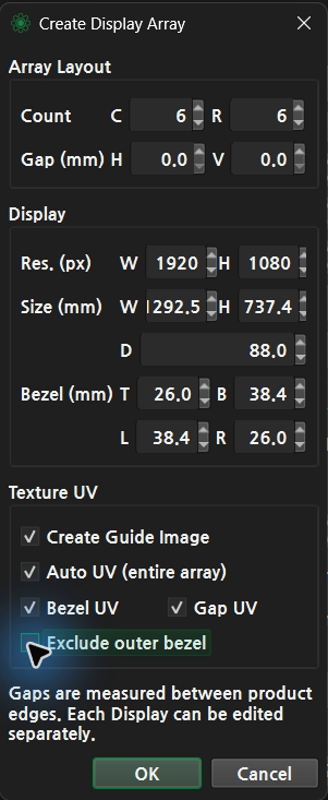 Create Display Array 설정. Size W에는 1292.5 mm를 입력합니다.