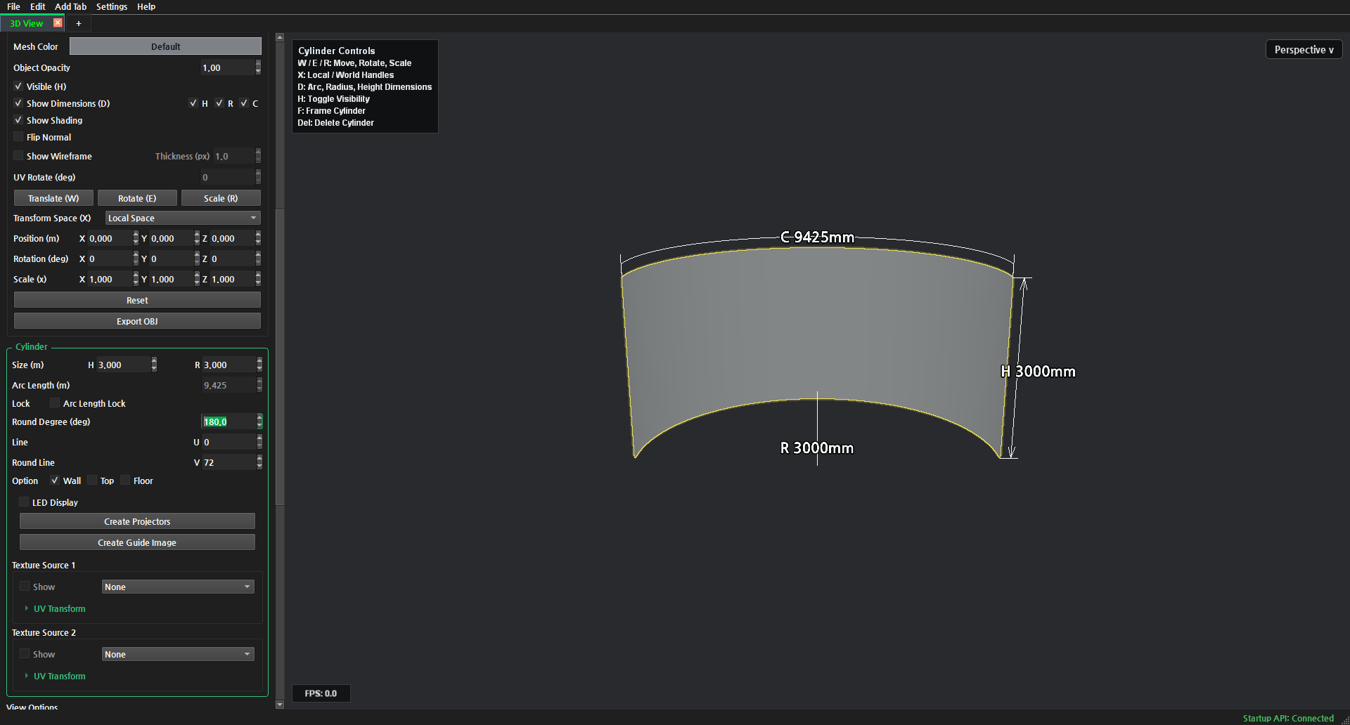Cylinder: H 3m · R 3m · 180° · Top/Floor OFF