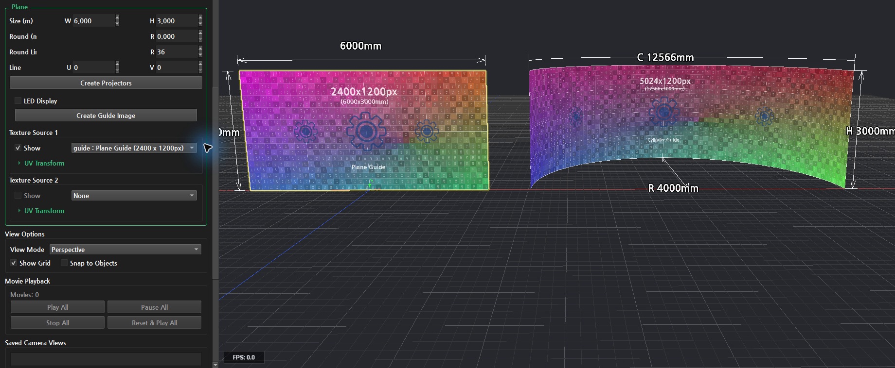 Texture Source 1에 가이드가 적용된 Plane과 Cylinder