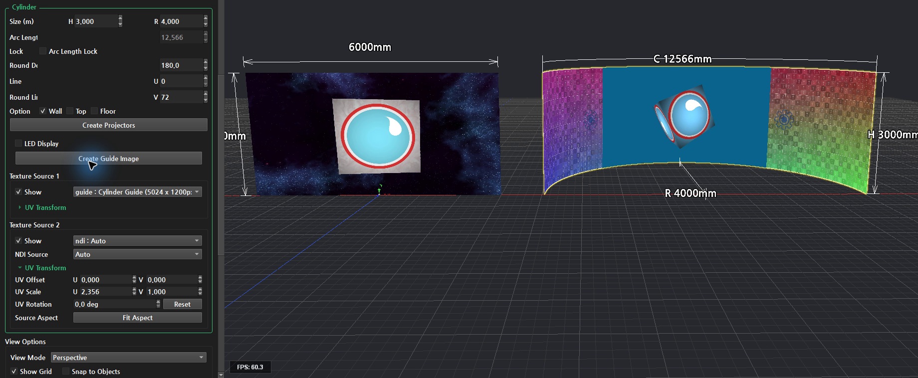 오른쪽 Cylinder의 NDI 입력 · NDI Source와 유지된 UV 값