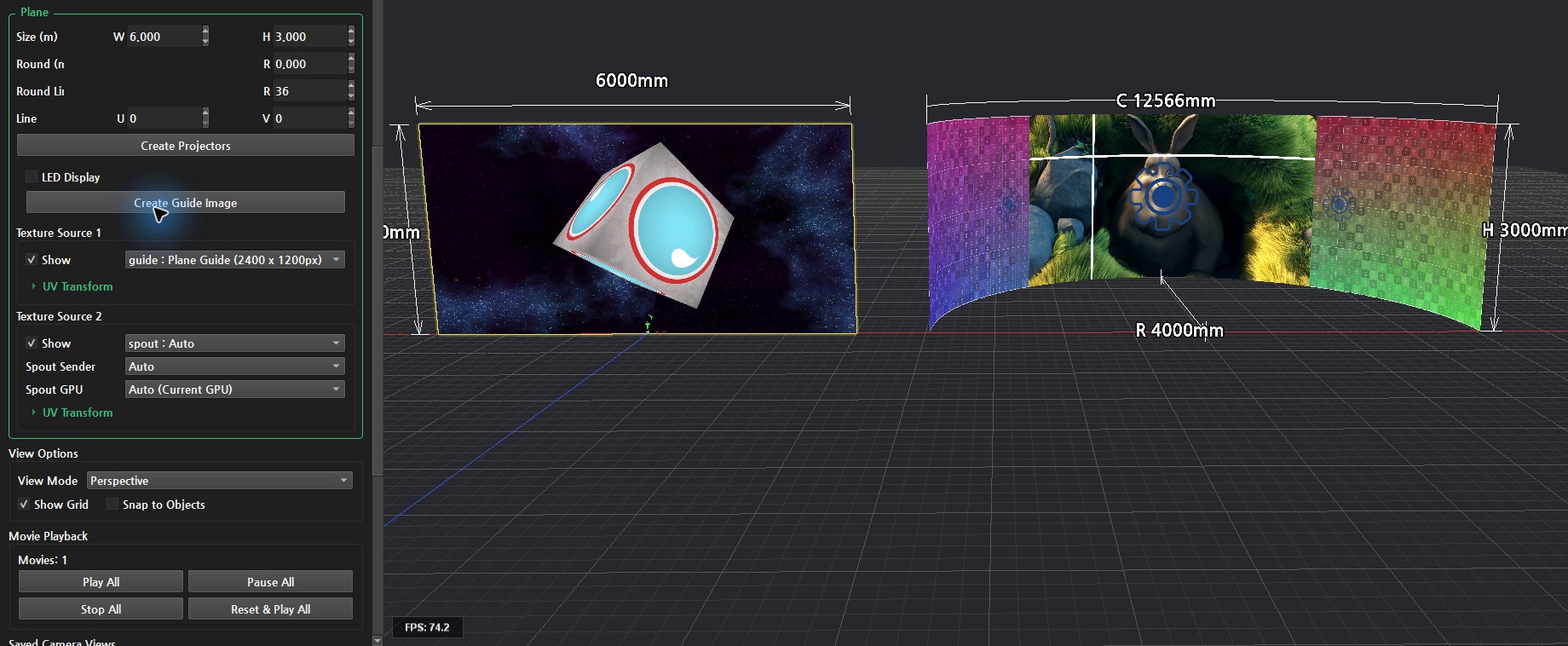 왼쪽 Plane의 Spout 입력 · Spout Sender와 GPU 옵션