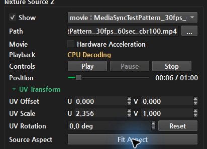 Movie 레이어의 UV Offset · Scale · Rotation · Reset · Fit Aspect