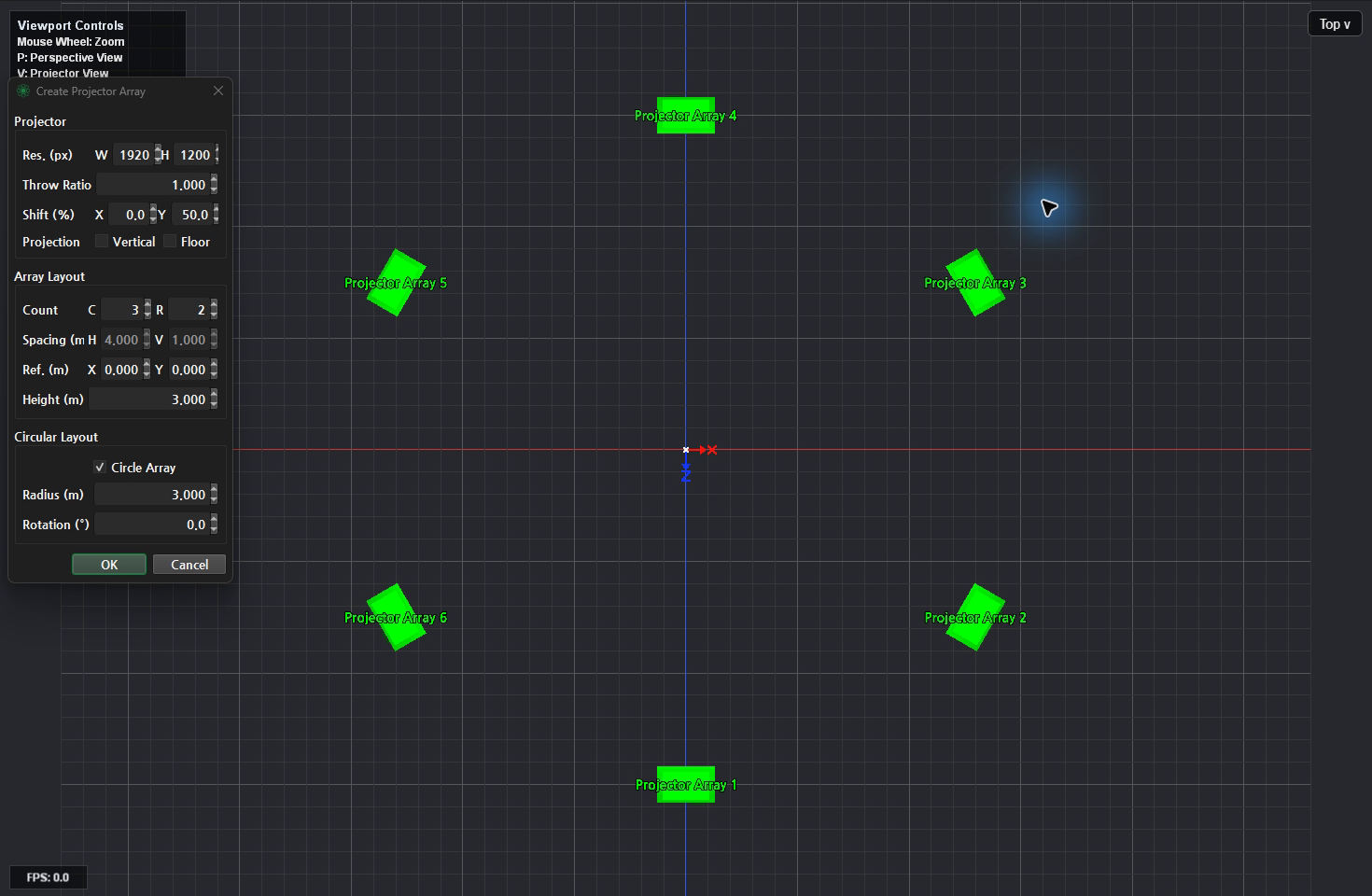 Radius 3 m, Rotation 0°, 같은 높이의 원형 배열.