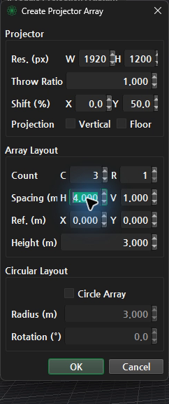 Create Projector Array의 세 옵션 그룹.