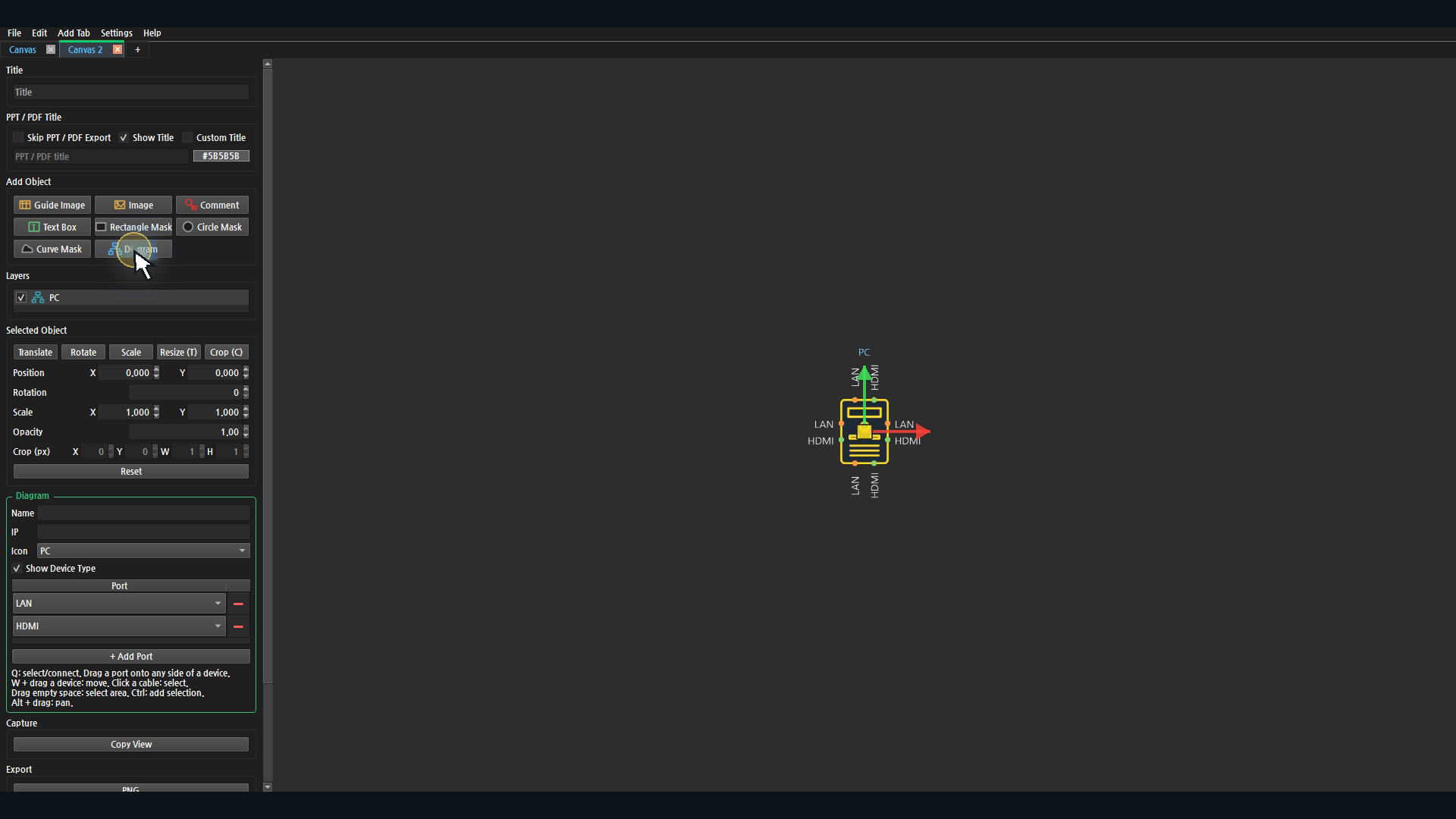 Add Object → Diagram으로 기본 PC 오브젝트 생성