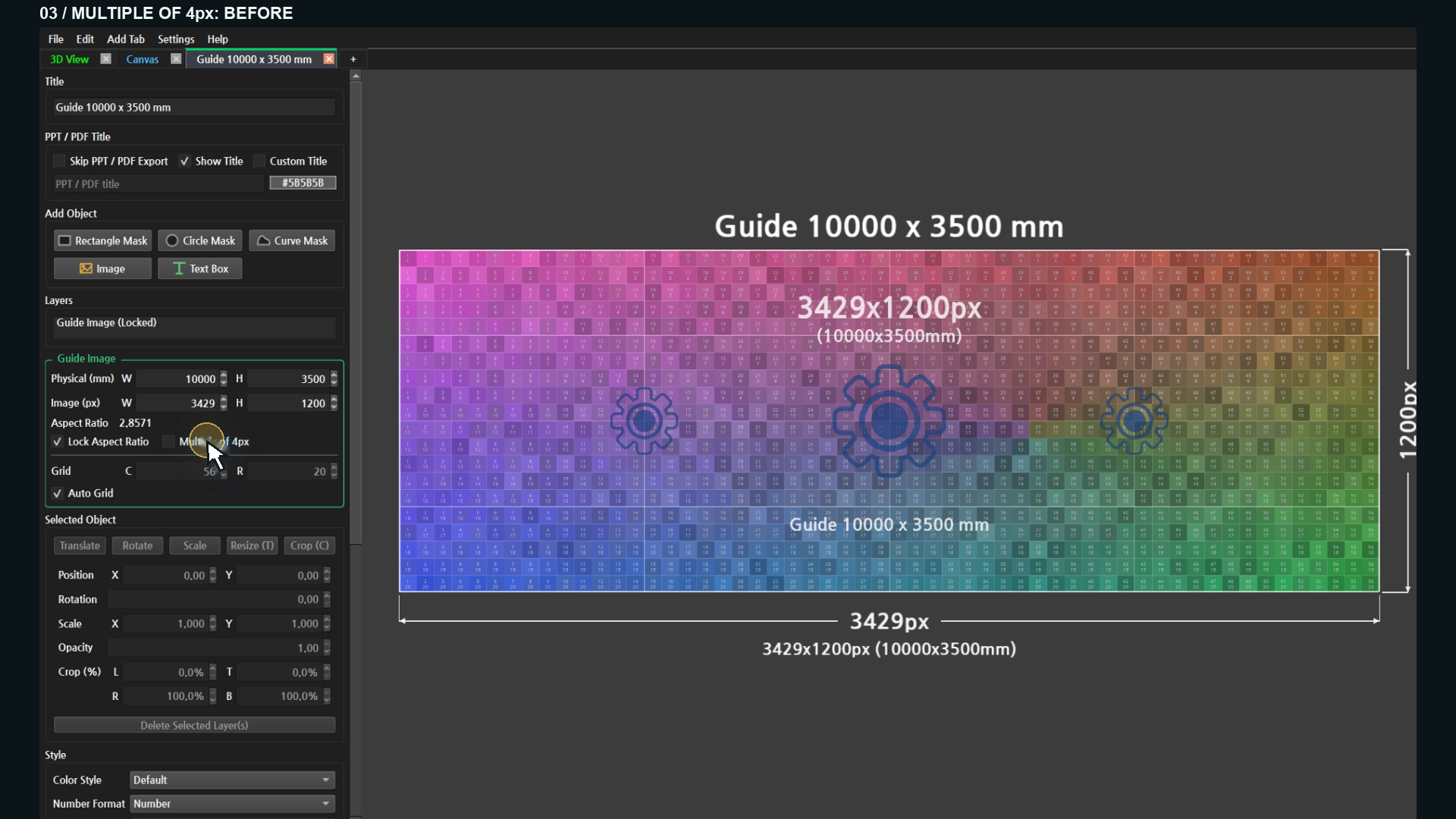 4px alignment OFF: keep aspect locking enabled and confirm 3429 × 1200.