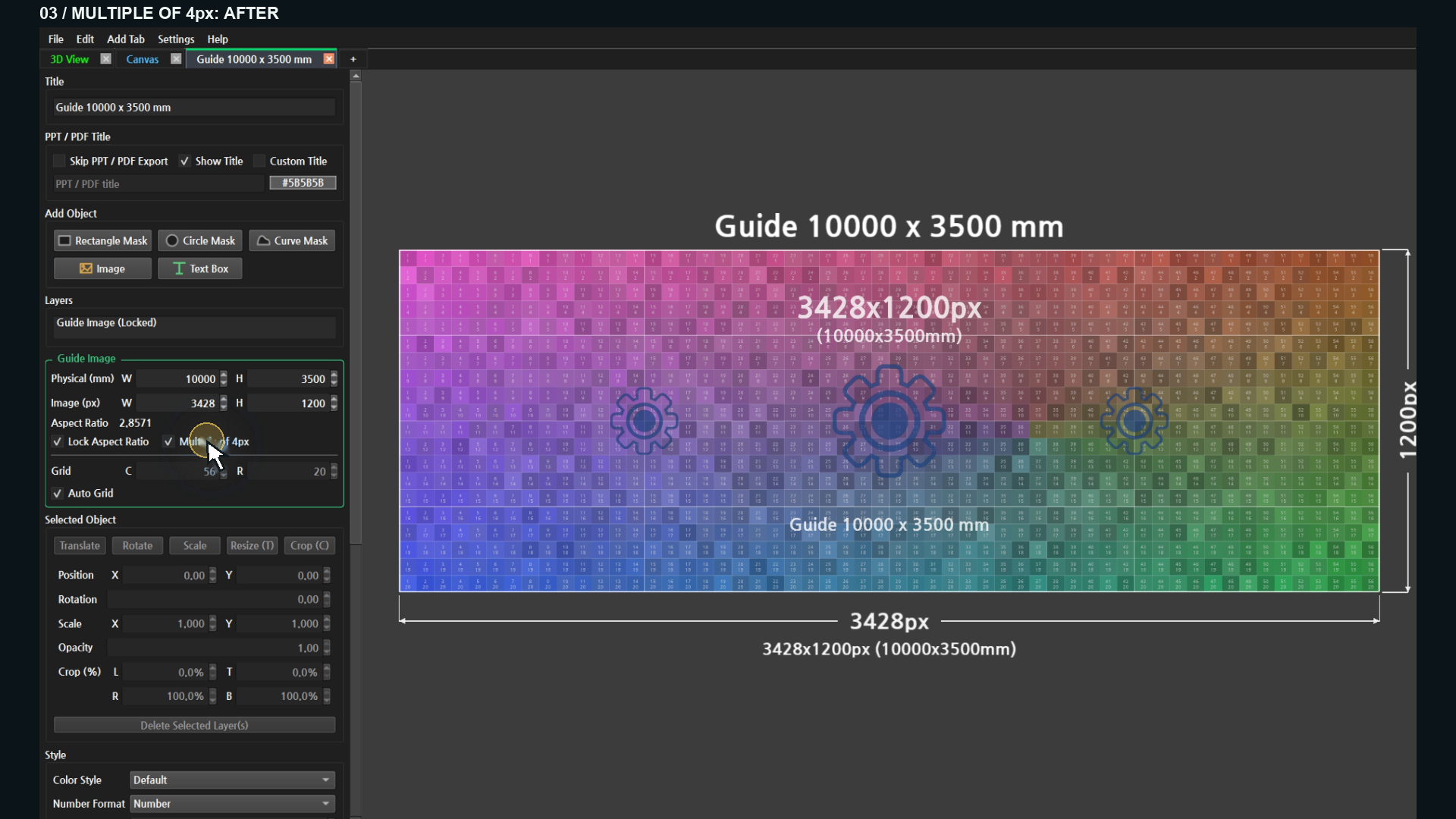 After: enable Multiple of 4px to obtain 3428 × 1200.