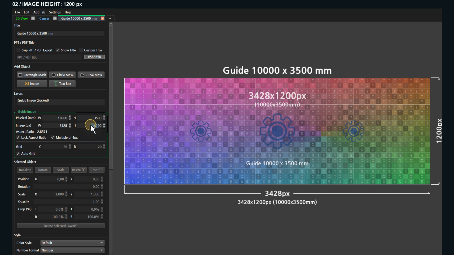 Confirm 10000 × 3500 mm and 3428 × 1200 px separately.