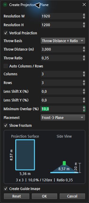 Three-row, three-column projector settings